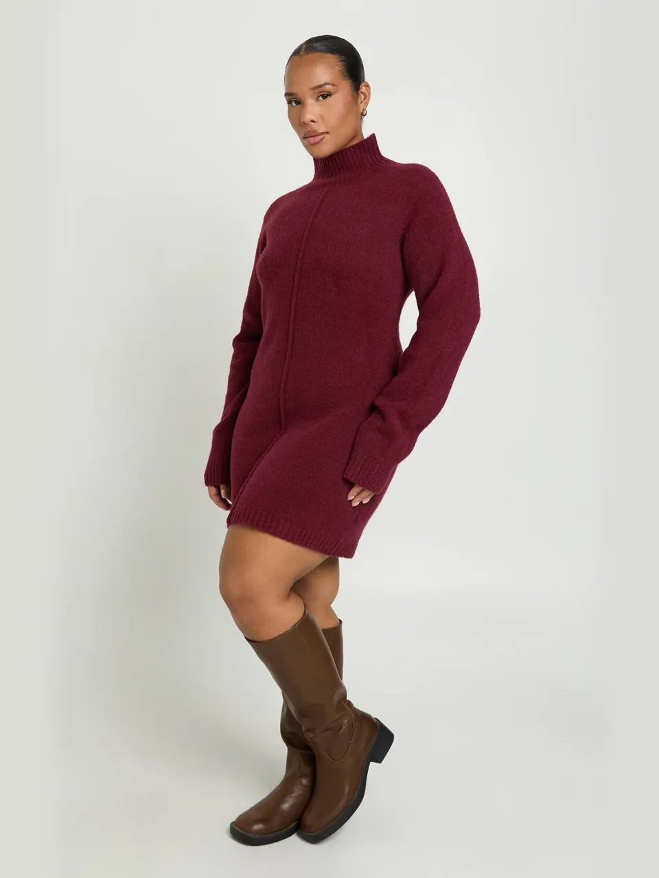 boohoo Dames Plus Hoogsluitende Gebreide Mini-trui Jurk Met Naaddetail bordeaux rood, foto 2