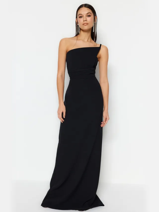 Trendyol TRENDYOLMİLLA Dames Zwart Effen Maxi Mouwloos Diploma-uitreiking / Gala A-lijn Avond & Gala Jurk