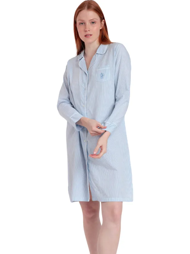 Admas Korte Jurk Admas Nachthemd met lange mouwen Stripes Home Blauw