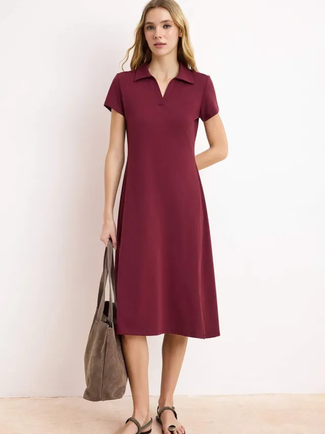 Trendyol TRENDYOLMİLLA Dames Bordeaux Effen Midi Kort Casual A-lijn Jurken Bordeauxrood