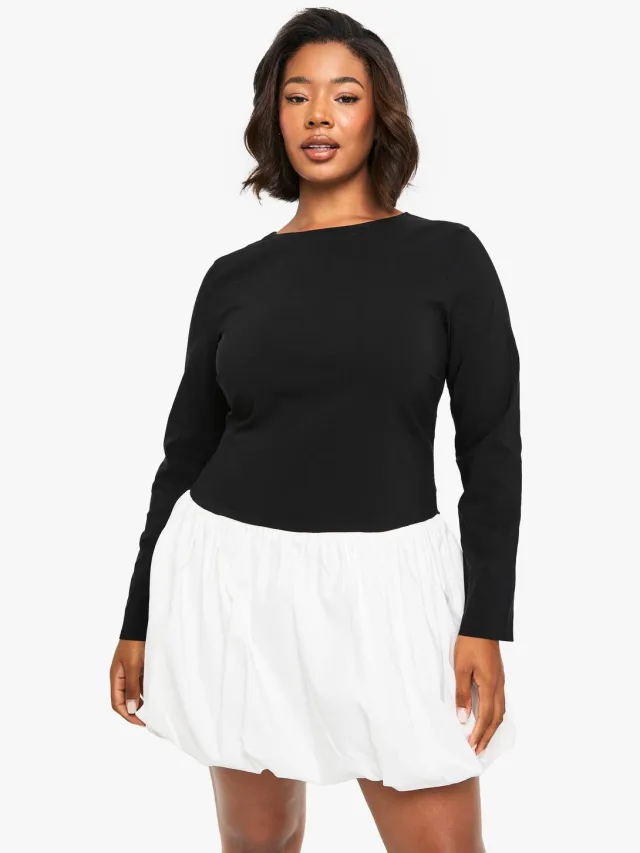 boohoo Dames plus bengaline contrast puffball mini jurk Zwart
