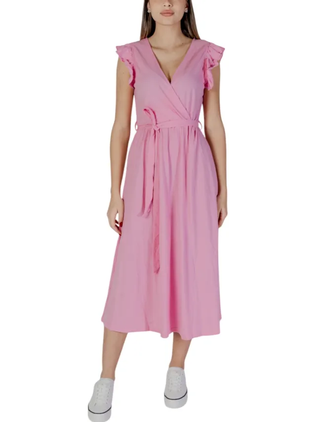 b.Young Casual Midi Jurk met Ruffle Mouwen Wikkeljurk Lichtroze