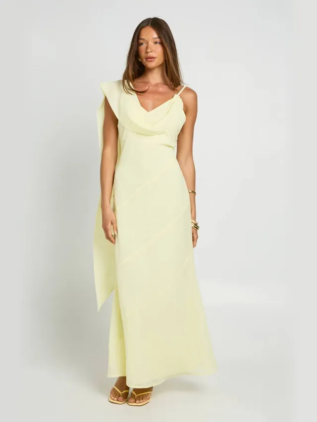 boohoo Dames Chiffon Maxi Jurk Met Draperende Halsdoek Detail Citroen