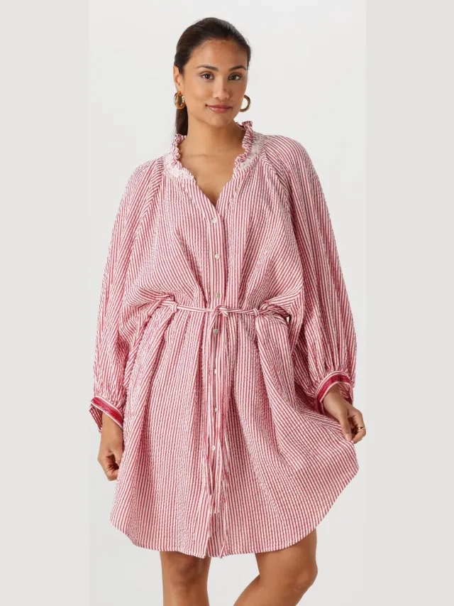 POM Amsterdam Dames Jurken Dress Seersucker Red White - Rood
