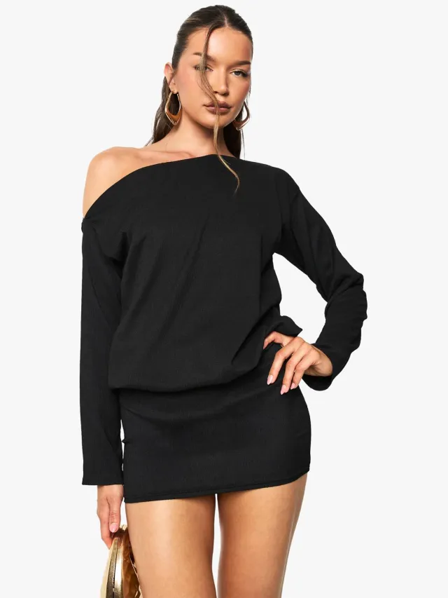 boohoo Dames Off the Shoulder Lang Mouw Bodycon Mini Jurk Zwart