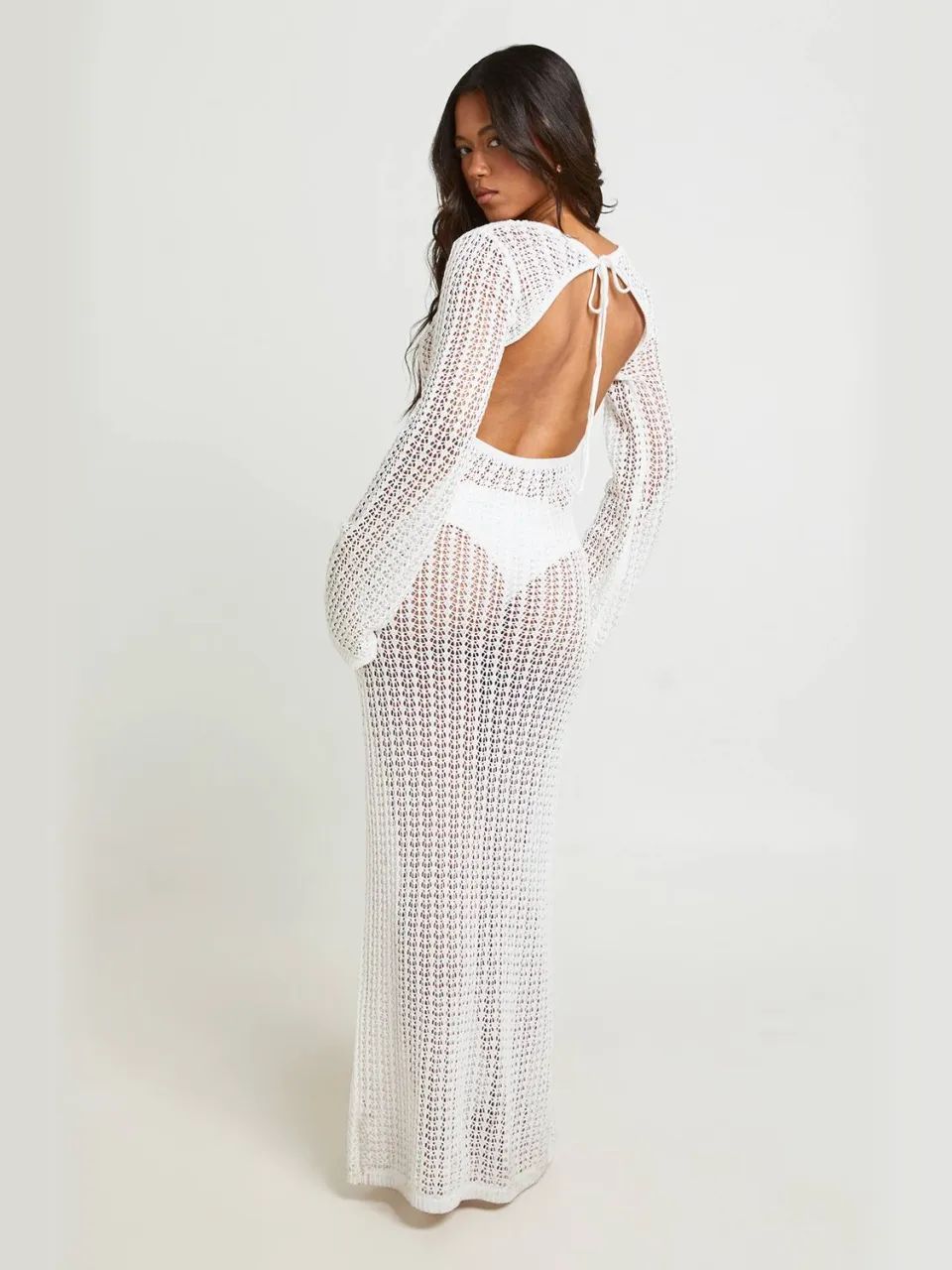 boohoo Dames Strand Gehaakte Corsage Strikrug Maxi Jurk ecru, foto 2