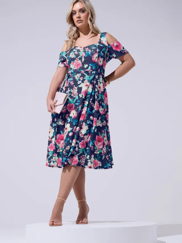 Yours London Marineblauwe Skaterjurk Met Bloemenprint Blue