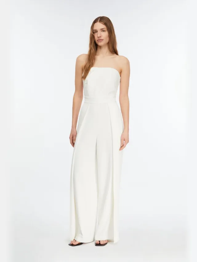 Comma female - Feestelijke jumpsuit met gedrapeerde corsage wit