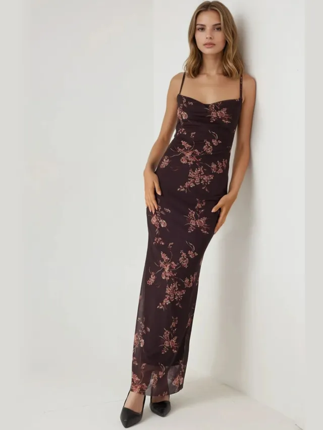 Hiccup Geprinte Bodycon Maxi Tulle Jurk mokka, foto 2
