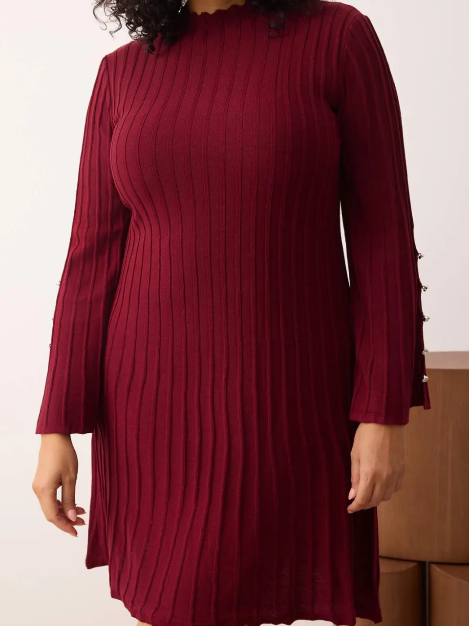 Trendyol Curve Dames Bordeaux Effen Kort / Mini Lang Casual A-lijn Grote maten Jurk, foto 2