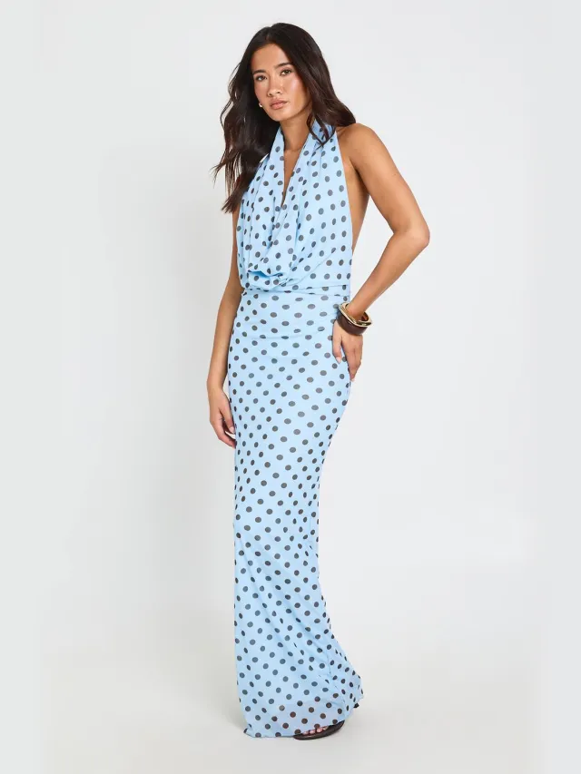 boohoo Dames Maxi-jurk Met Tonale Polkadots En Diepe Waterval Halslijn Pastelblauw