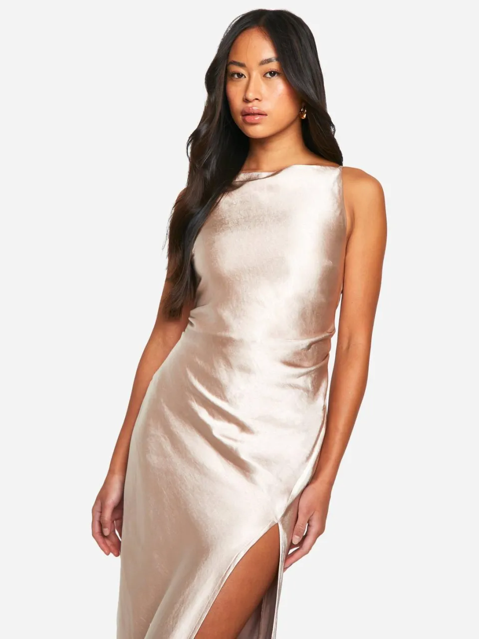 boohoo Dames Bruidsmeisje Satijn Open Hals Maxi Jurk oester, foto 2