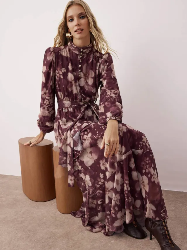 Trendyol Modest Dames Paars Geometrisch patroon Maxi Lang Casual Skater Modest Jurken, foto 2