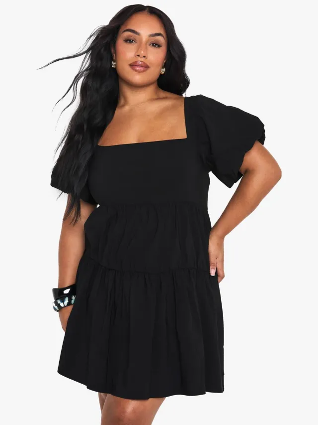 boohoo Dames Plus Extreme pofmouwen gelaagde smockjurk Zwart