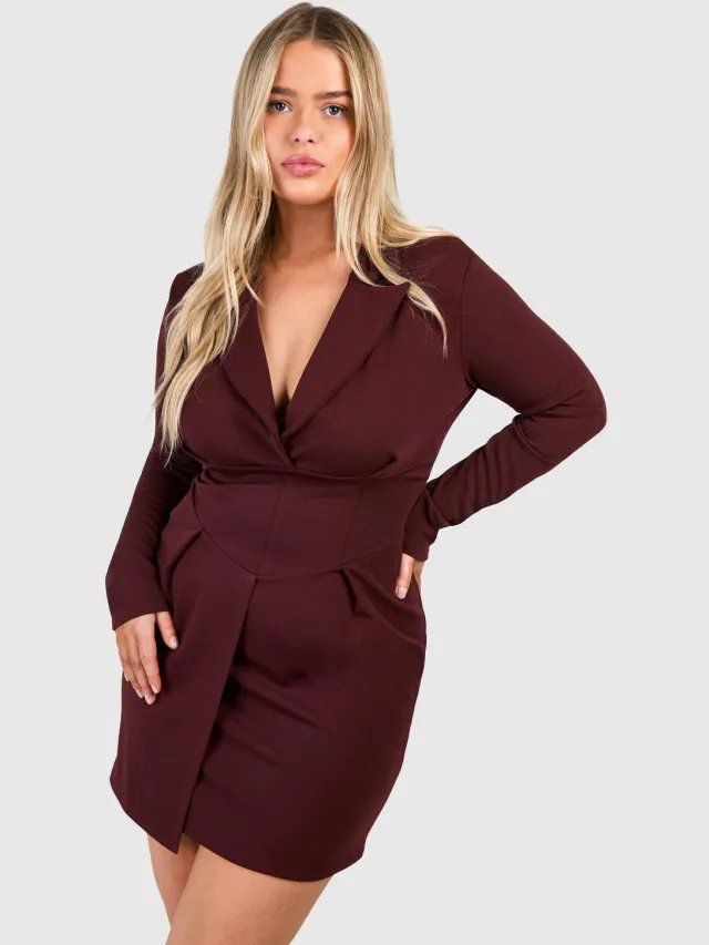 boohoo Dames Plus Corset Detail Blazer Jurk Chocoladebruin