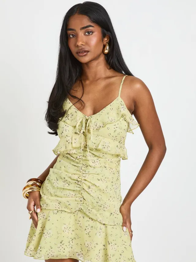 boohoo Dames Bloemenjurk Met Ruchedetail Mini Zachte Limoen