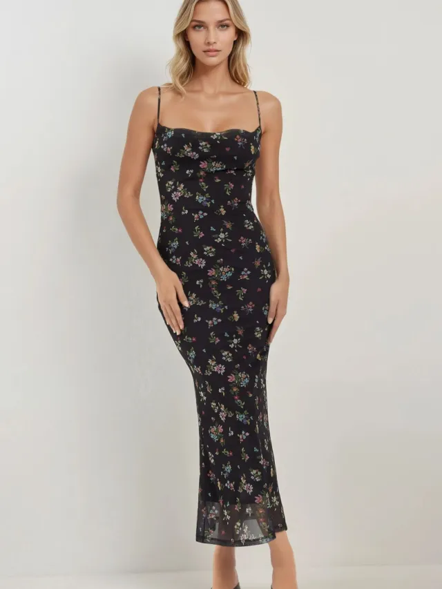 Hiccup Geprinte Bodycon Maxi Jurk Zwart