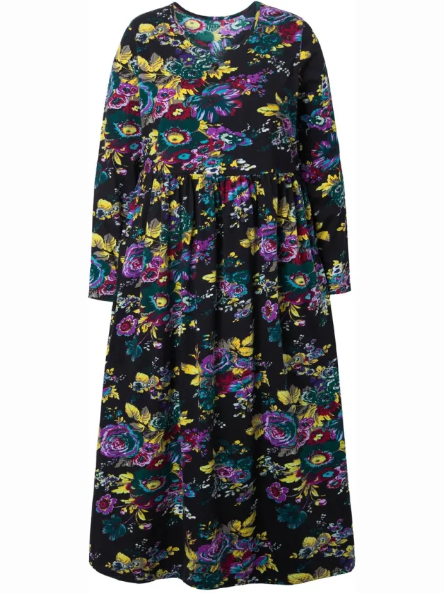 Ulla Popken Dames - Maxi-jurk bloemen A-lijn tuniekhals lange mouw - Zwart - Maat 46+