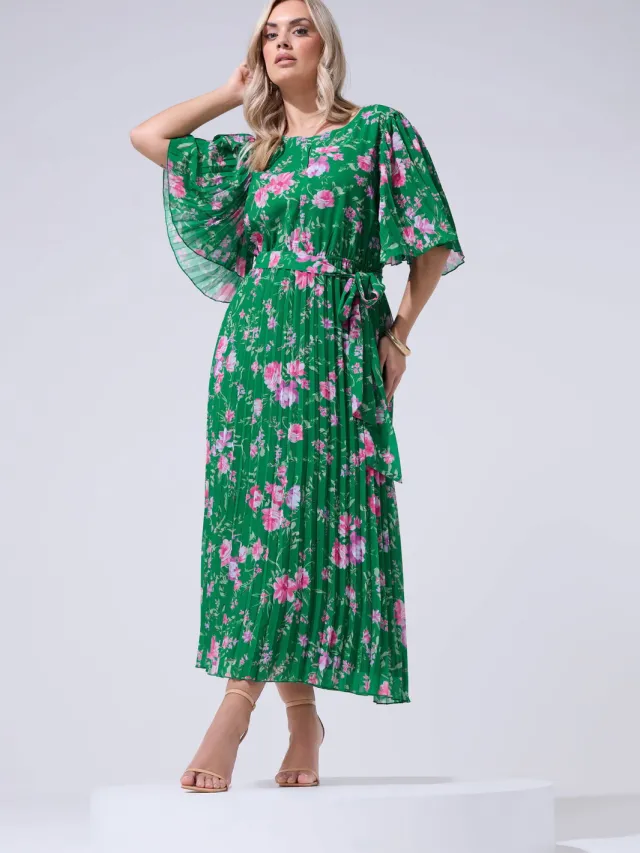 Yours London Groene Geplooide Maxijurk Met Bloemenprint Green