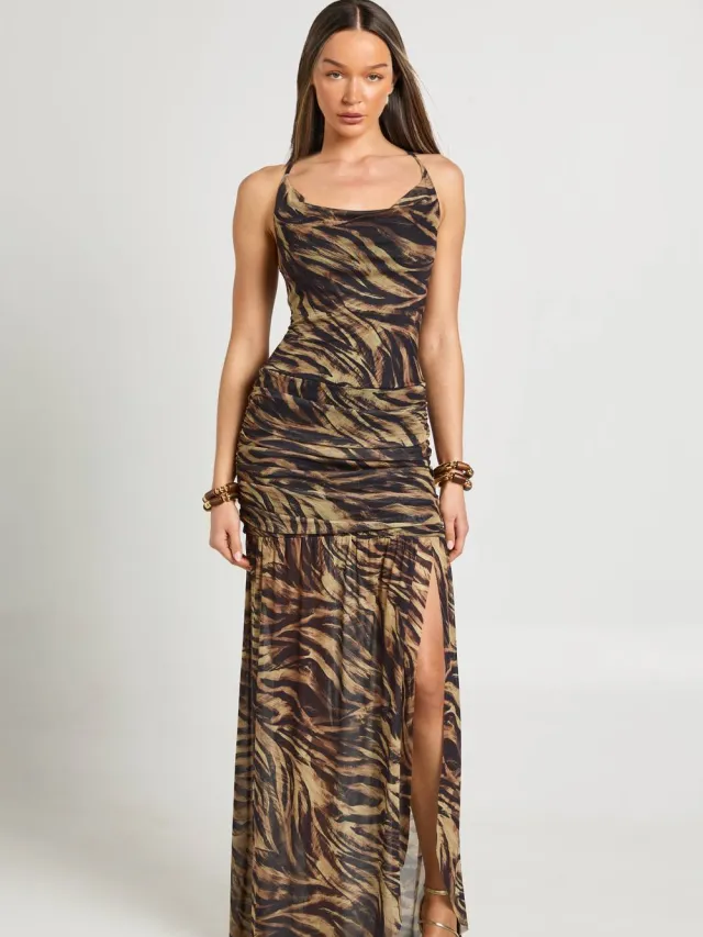 boohoo Dames Maxi Jurk Met Zebraprint Mesh, Gekruiste Bandjes Op De Rug En Uitlopende Zoom Steen