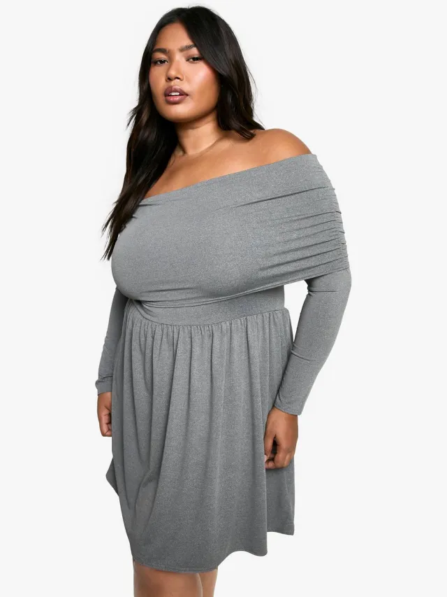 boohoo Dames Plus Jersey Off Shoulder Skater Jurk Grijze Mergel