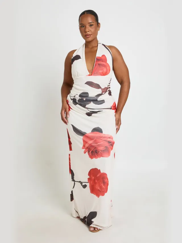 boohoo Dames Plus-jurk met roze print, mesh en geraffineerde ruches Crème