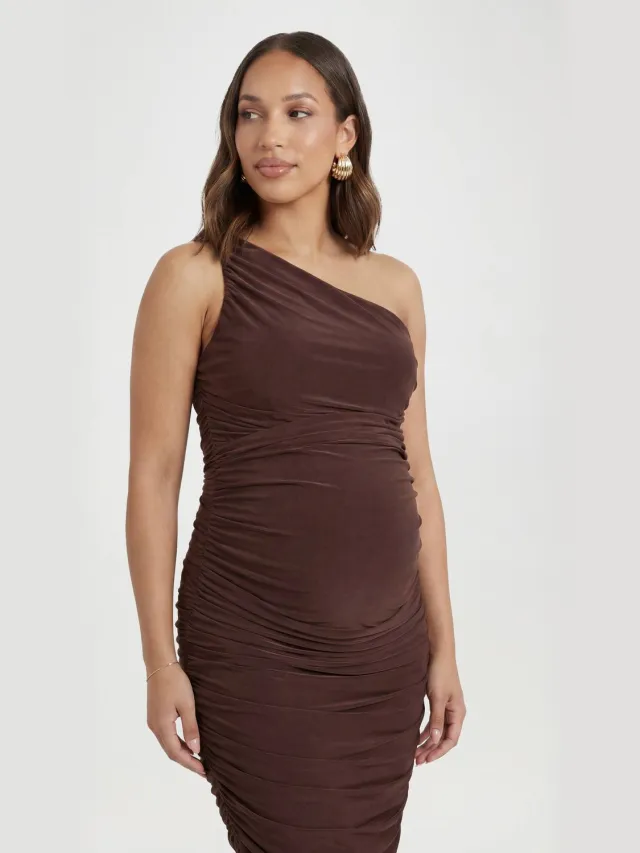 boohoo Dames Zwangerschaps Double Slinky Midi Jurk Met Twist Detail En Plooien Chocoladebruin