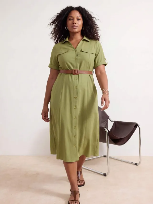 Trendyol Curve Dames Kaki Effen Midi Kort Casual A-lijn Grote maten Jurk