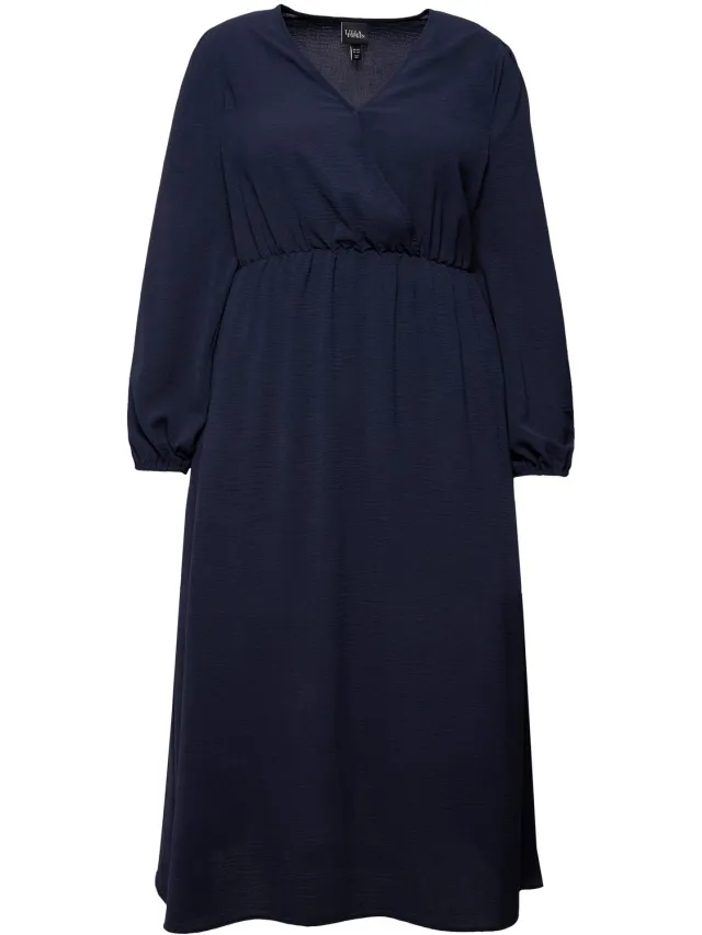 Ulla Popken Dames - Midi-jurk wikkellook A-lijn V-hals lange mouwen - Marine - Maat 54+
