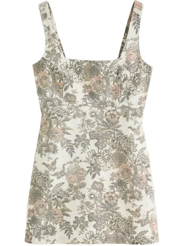 Next Dames - Mini-jurkje van denim met vierkante hals - Tall - Crème Ecru Tapestry Floral