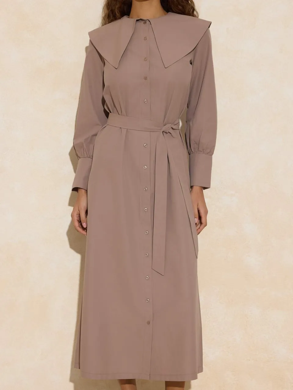Turkishsouq Bruine platte maxi-jurk voor dames, lange casual/dagelijkse A-lijn jurk met hijab, foto 2