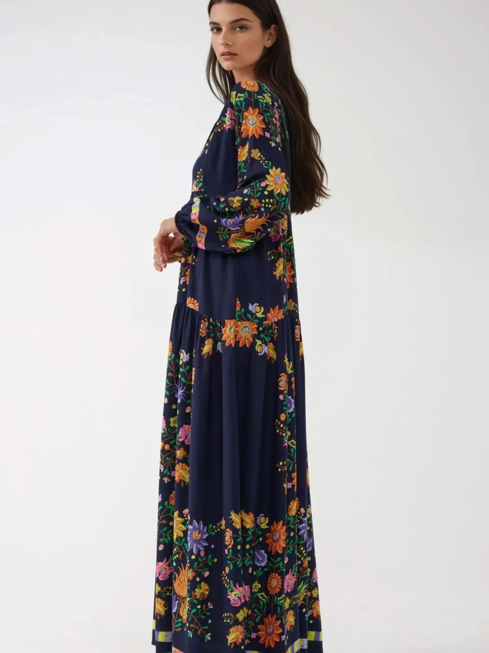 Hiccup Geprinte V-hals Maxi-jurk met knoopdetail marineblauw, foto 2