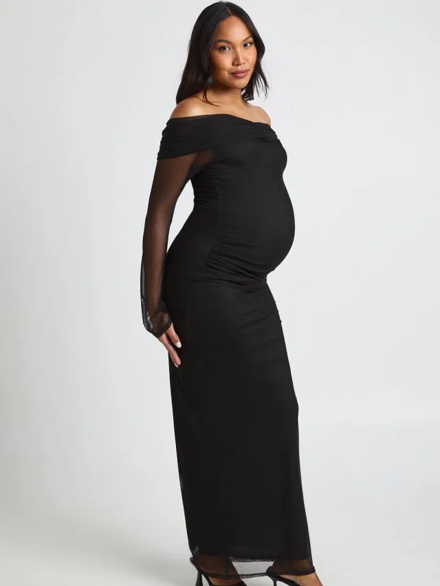 boohoo Dames Zwangerschaps Bardot Geplooide Mesh Mouw Maxi Jurk Zwart
