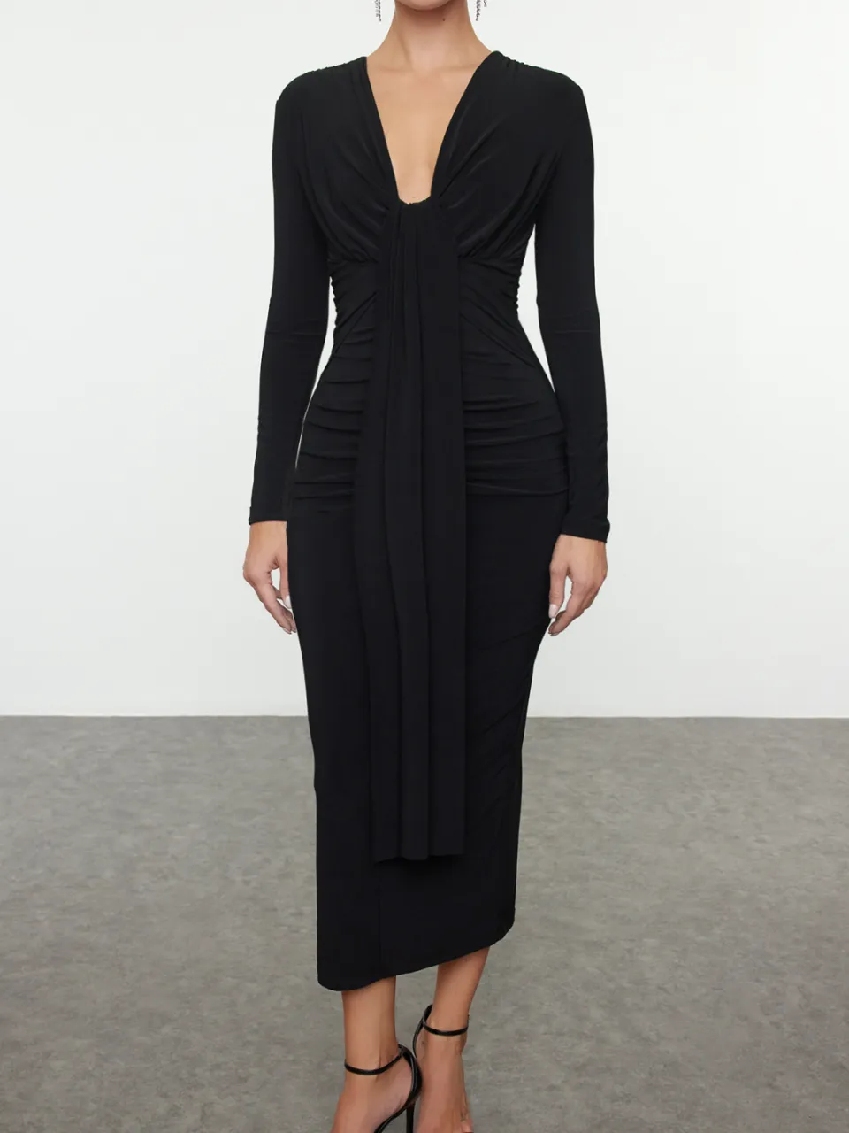 Trendyol TRENDYOLMİLLA Dames Zwart Effen Maxi Lang Stijlvol/Avond Bodycon Jurken, foto 2