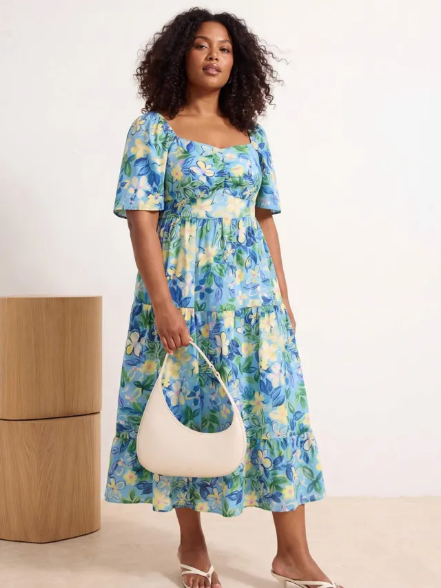 Trendyol Curve Dames Blauw Bloemen Maxi Driekwart mouw Casual A-lijn Grote maten Jurk