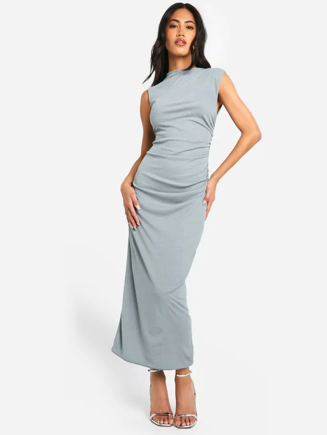 boohoo Dames Sheer Ruched Midaxi Jurk Grijs