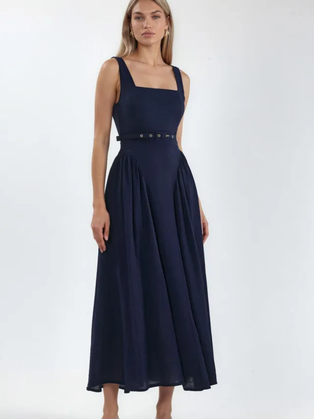 Busem Vierkante Kraag Geknoopte Midi Jurk Marineblauw