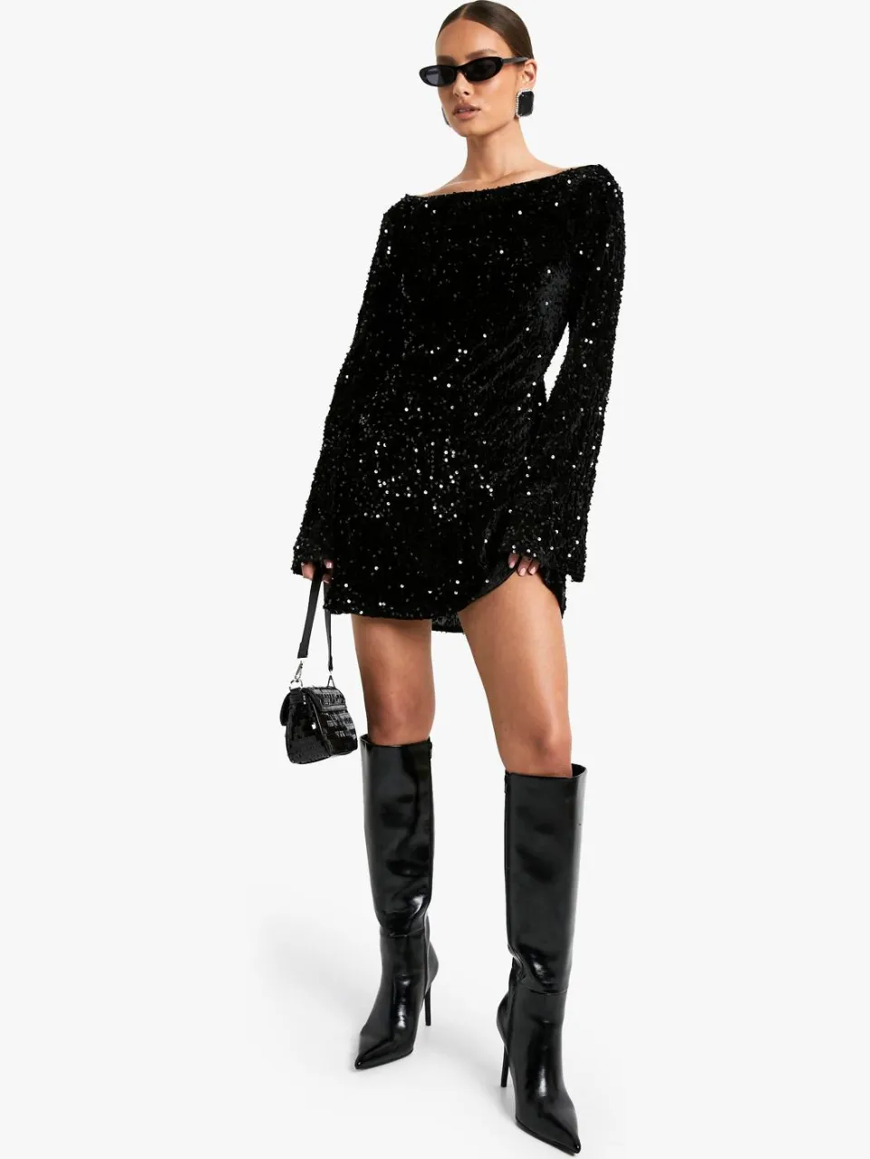 boohoo Dames Fluwelen Pailletten Tie Back Shift Jurk zwart, foto 3