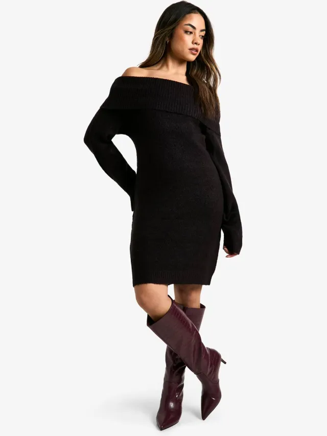 boohoo Dames Ribgebreide Bardot-neklijn Mini Jumperjurk Zwart
