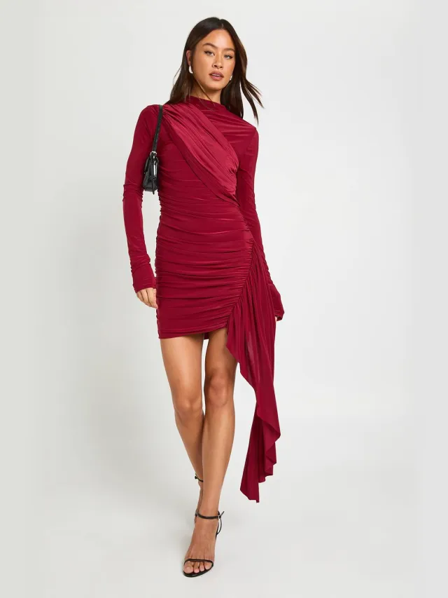 boohoo Dames Lange Geplooide Mini-jurk Met Lange Mouwen En Gedrapeerd Detail Bessen
