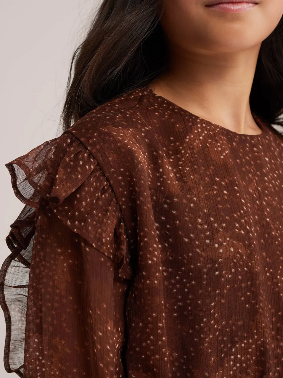 WE Fashion korte jurk met ruches bruin/ecru, foto 6
