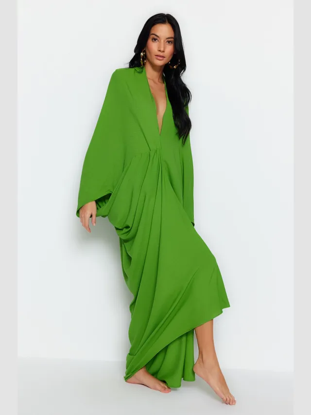 Trendyol TRENDYOLMİLLA Dames Kaki Tropisch Maxi Lang Strandkleding Recht Strandjurken