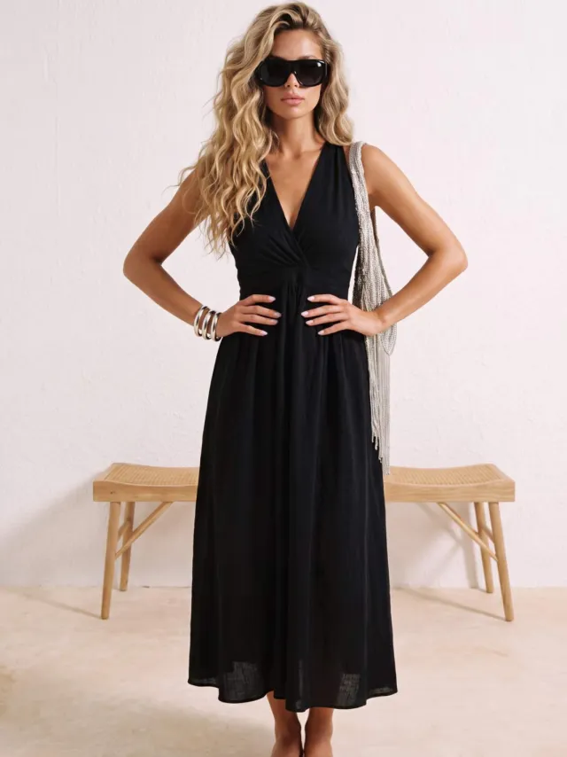 Trendyol TRENDYOLMİLLA Dames Zwart Effen Maxi Mouwloos Strandkleding Skater Strandjurken