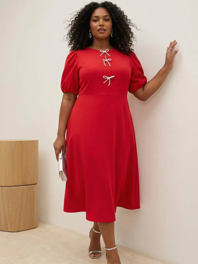Trendyol Curve Dames Rood Effen Midi Kort Stijlvol/Avond Skater Grote maten Jurk
