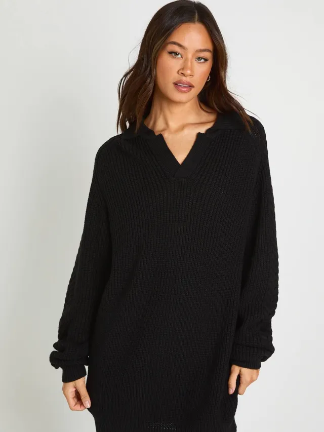 boohoo Dames Lange Grofgebreide Jurk Met Kraag En V-hals Zwart