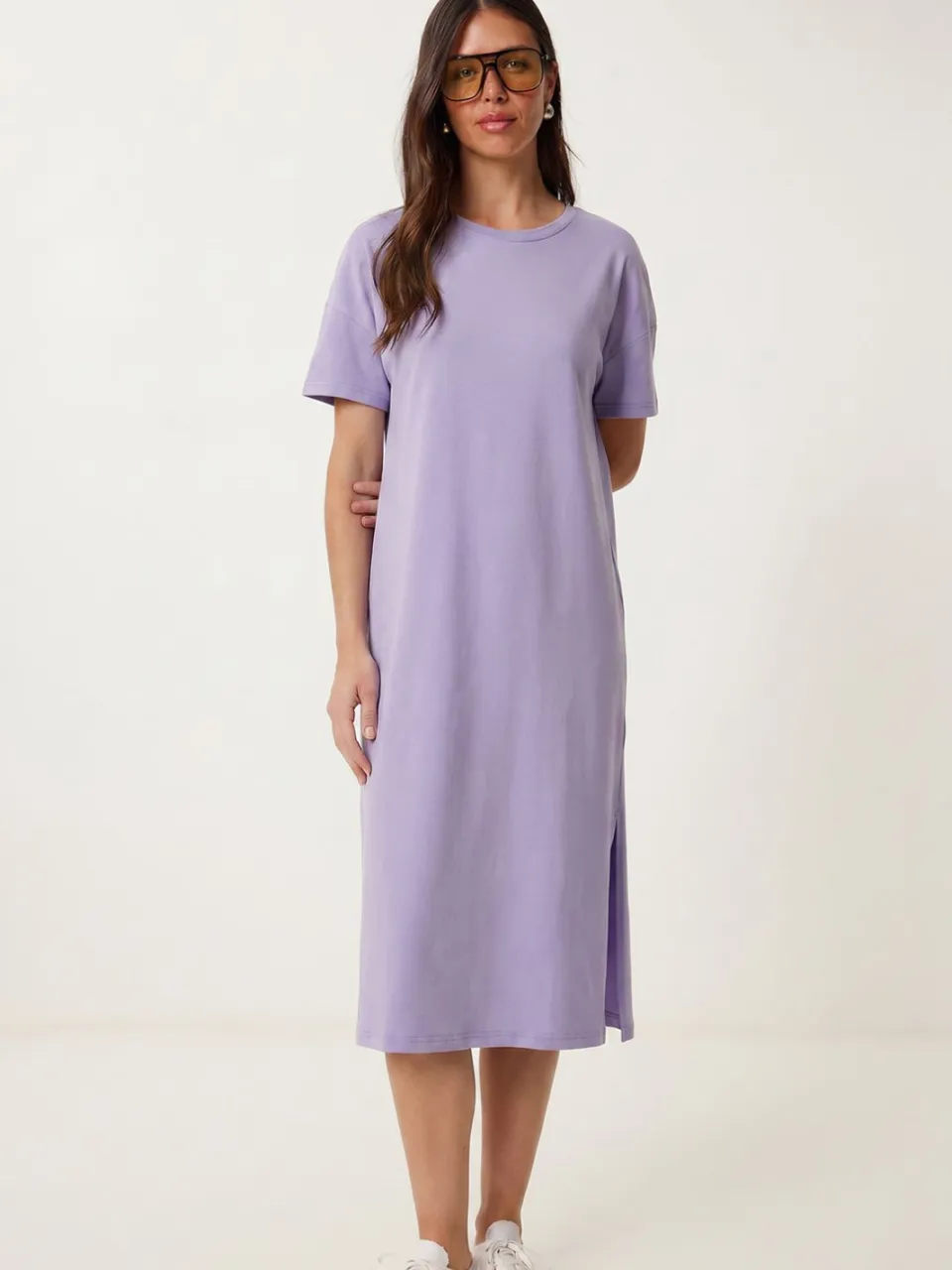 Happiness Istanbul Katoenen Midi T-shirt Jurk met Ronde Hals lila, foto 2