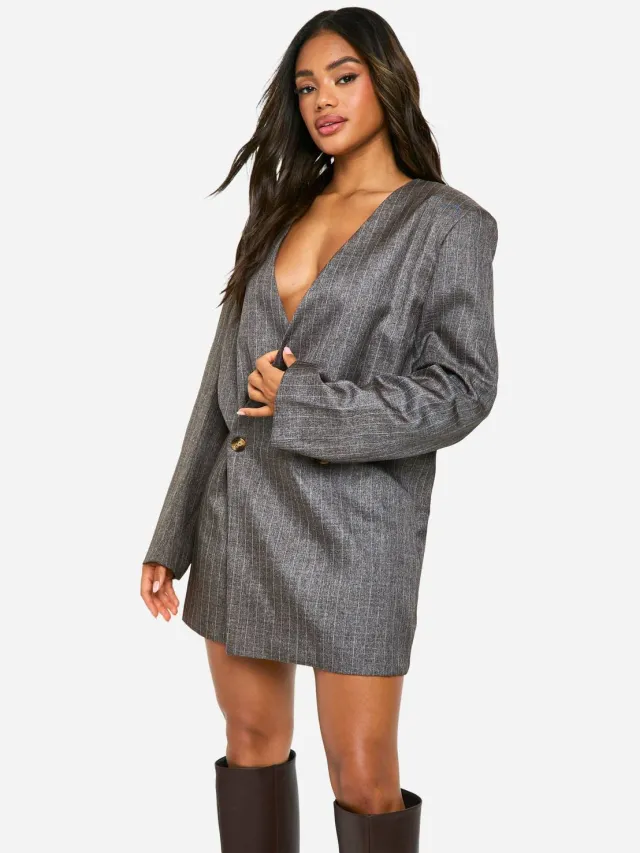 boohoo Dames Premium Heavy Pinstripe Oversized Blazerjurk Bruin