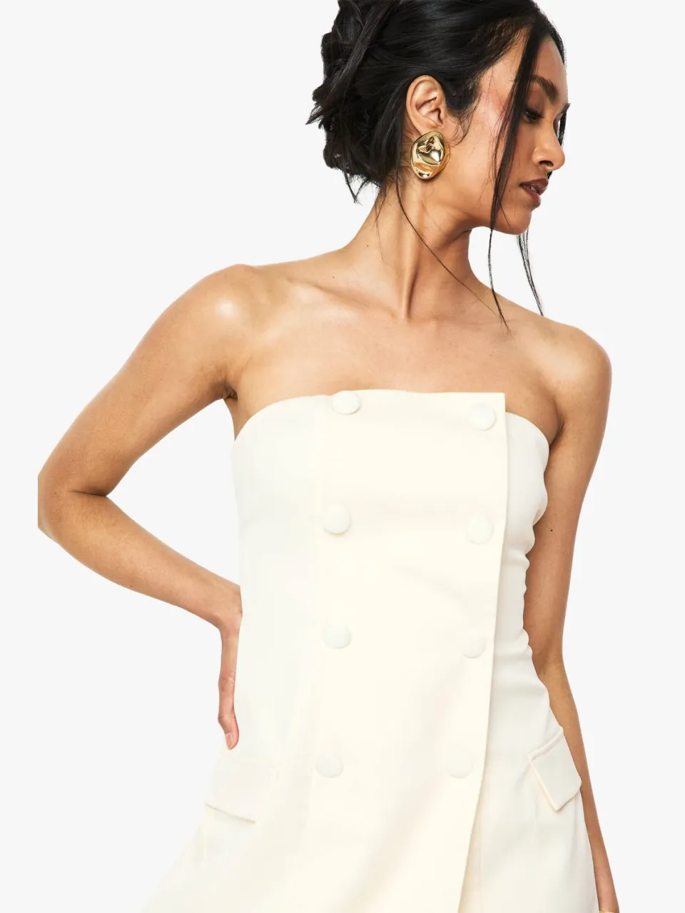 boohoo Dames Dubbelgeknoopte bandeau getailleerde mini-jurk ivoor, foto 4