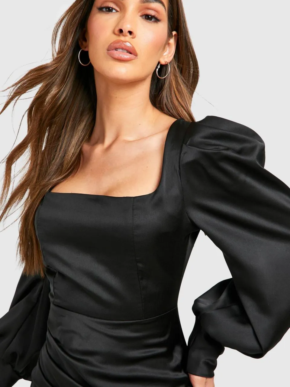 boohoo Dames Satin Blouson Mouw Maxi Jurk zwart, foto 2