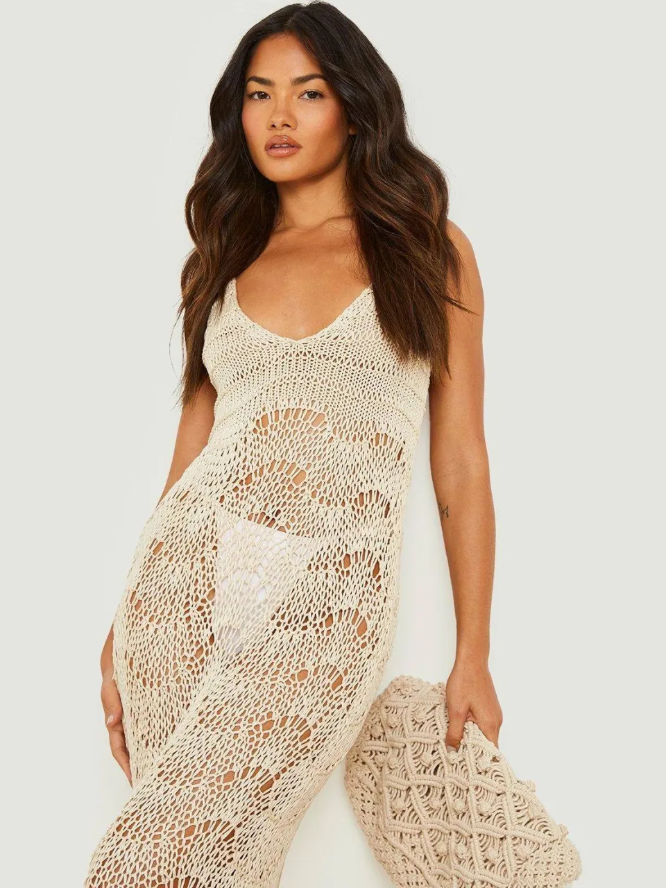boohoo Dames Crochet Scallop Scoop Strandjurk crème, foto 3